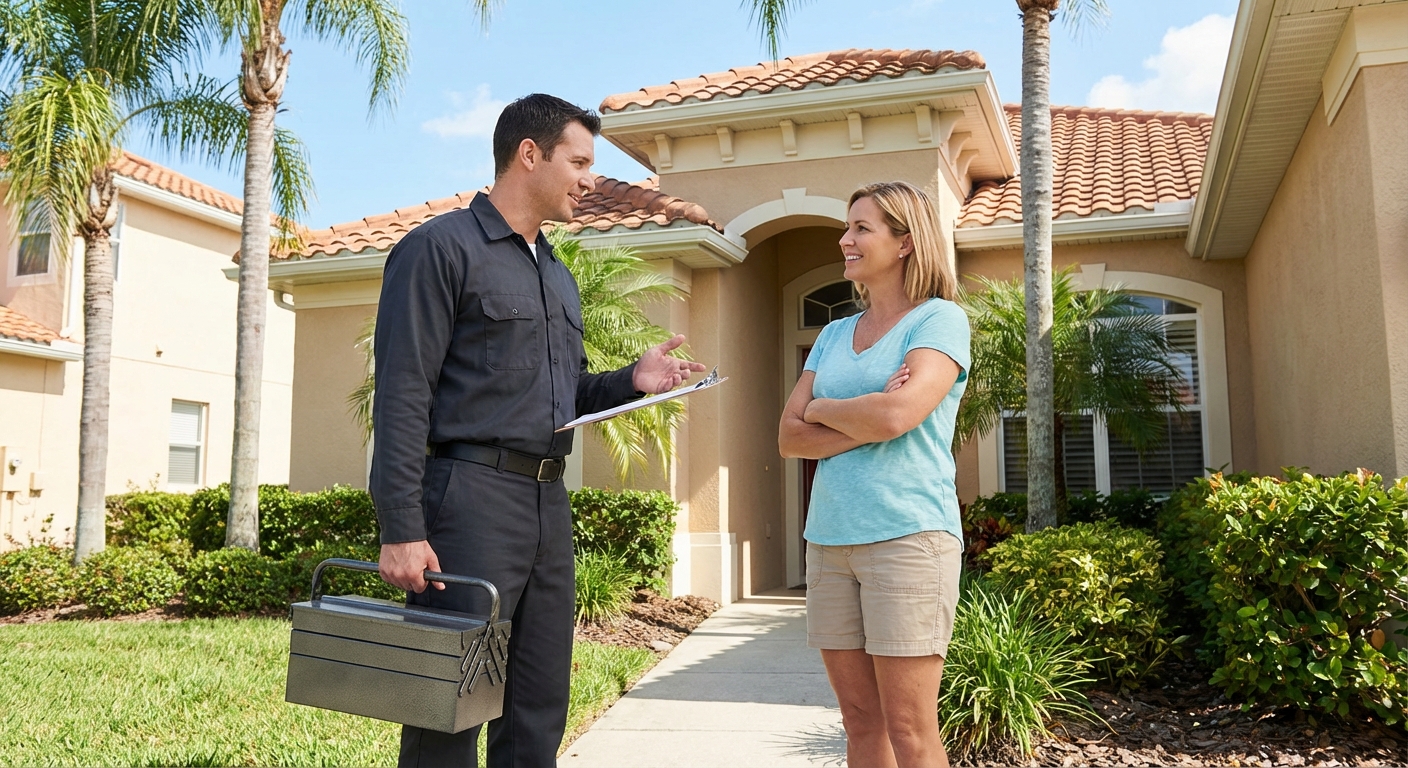Trust First Services technician consulting with Orlando homeowner