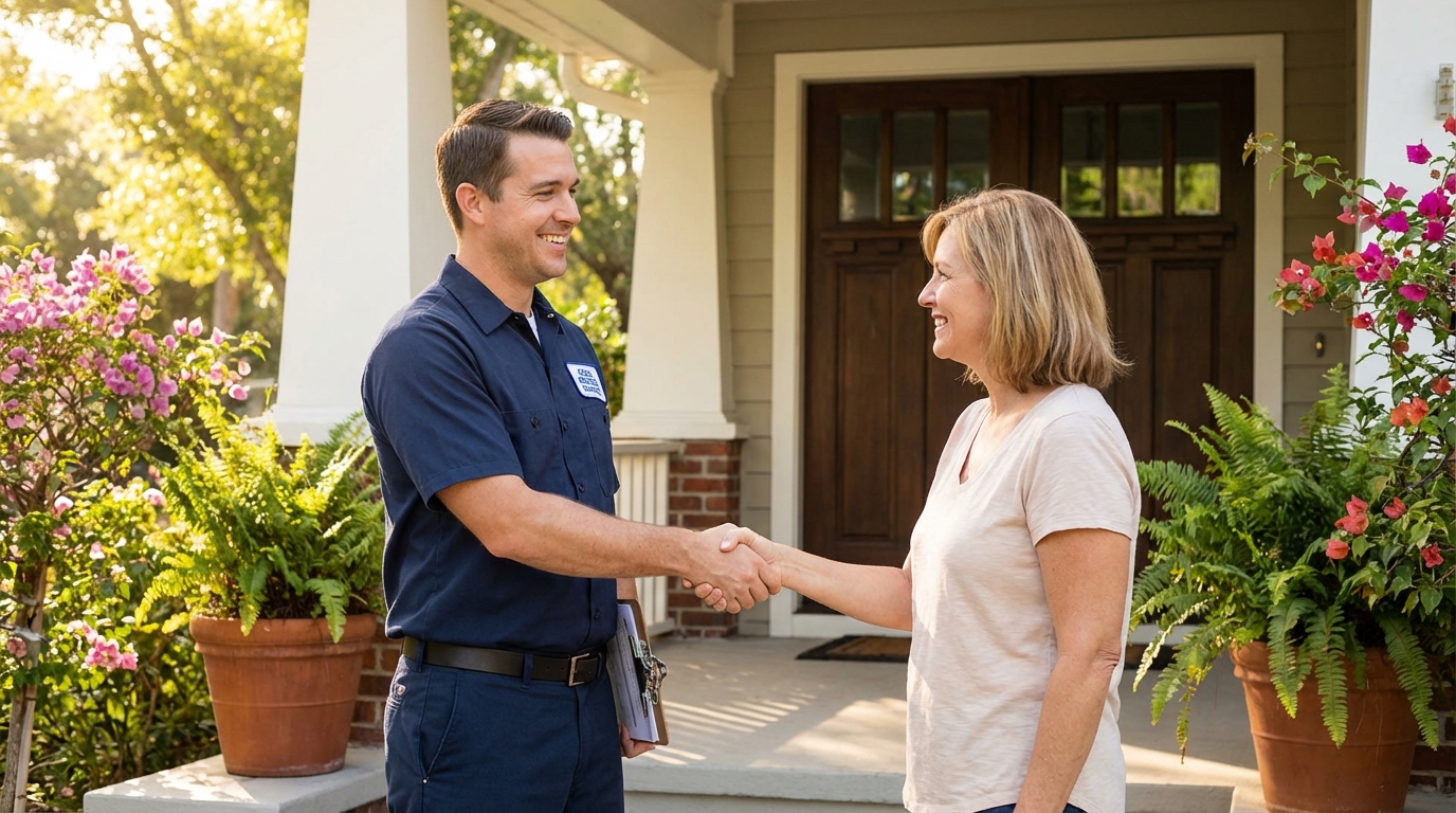 HVAC technician greeting homeowner in Orlando
