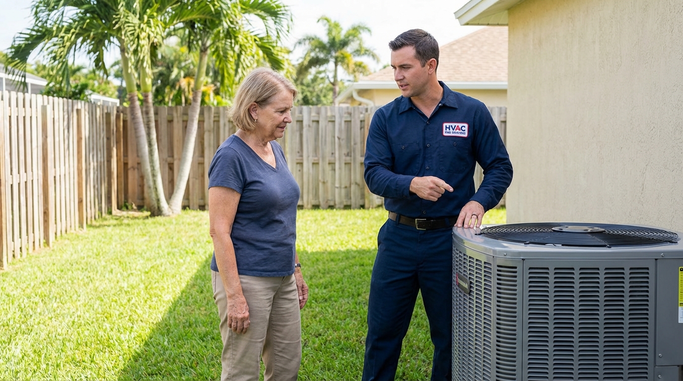 HVAC technician explaining service to homeowner