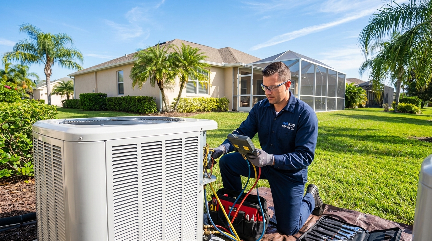 HVAC technician servicing air conditioning unit in Orlando